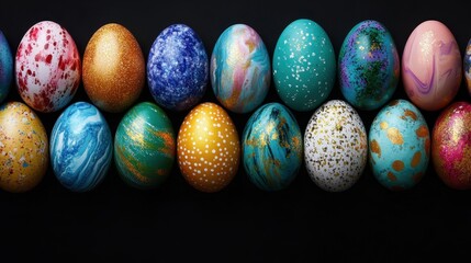 Obraz premium A selection of vividly colored eggs with intricate patterns is displayed against a dark background, emphasizing their bright hues and detailed artistic design.