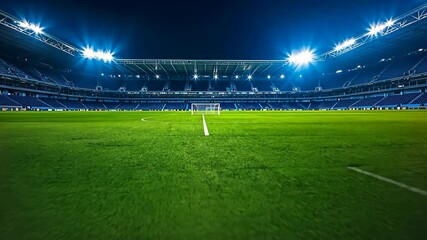 A brightly lit soccer stadium highlighting freshly manicured green grass under the floodlights at night, capturing the essence of a grand sports arena ready for action. Video - Powered by Adobe