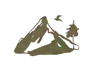 Watercolor handdrawn illustration of mountain top with tree and flying bird - isolated on transparent png background