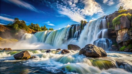 Waterfall landscape with boulder and clear sky