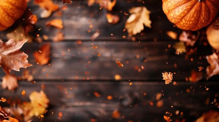 A vibrant scene showing pumpkins and falling autumn leaves on a wooden background, conveying motion and the lively spirit of the fall season in vivid colors.