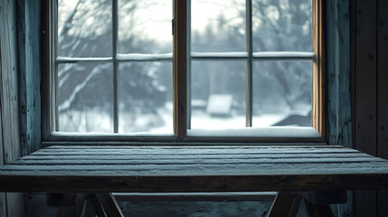 Fototapeta premium Empty table and winter window in background