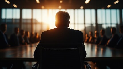 A silhouette of a business leader seated at a boardroom table with large windows, bathed in the golden glow of a sunrise, symbolizing leadership and new beginnings.