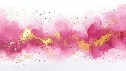 Abstract pink ink painting with gold splashes creating a 