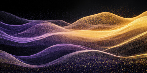 Obraz premium Grainy background displaying a deep lavender, mint, and golden yellow glowing color wave on a black backdrop, with a textured noise effect for a creative poster design