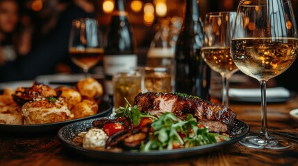 A tasteful dining experience showcasing a beautifully cooked steak, accompanied by salad and white wine glasses on a rustic wooden table setting.