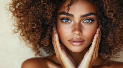 This eye-catching intimate portrait of a woman with stunning eyes and voluminous curly hair captures the essence of natural beauty and deep emotion.