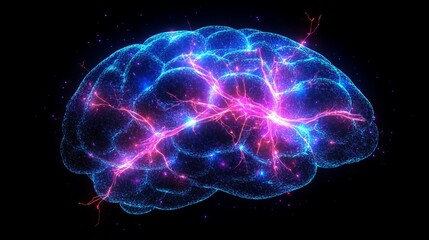 Abstract brain with shattered synaptic connections, neurons fading into darkness, illustrating memory loss and confusion of Alzheimer's disease