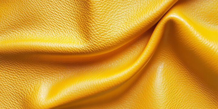 Textured close-up of bright yellow leather, featuring a vibrant sheen and visible creases, highlighting the lively character of genuine leather in a stylish design