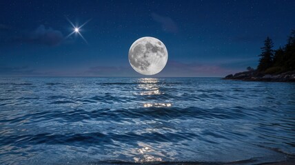 Majestic full moon rising over still water with reflections of stars