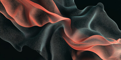 Obraz premium Grainy background with a glowing soft coral, forest green, and muted gray color wave against a black dark backdrop, featuring a textured noise effect for a chic poster design