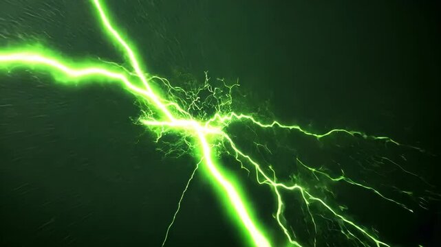 A bright green lightning bolt streaks across a dark green background