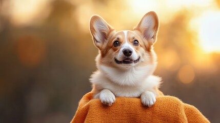 A cute corgi sits comfortably outside on a warm, autumn-hued blanket, surrounded by a soft-focus background ideal for cozy and heartwarming themes.