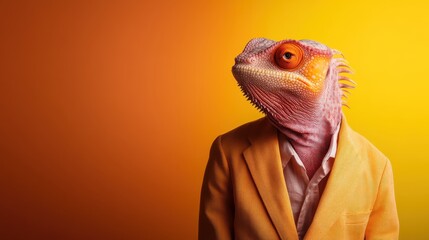 A whimsical image depicting a lizard-headed human in a yellow jacket, looking regal against a bright orange backdrop, representing adaptability and uniqueness.