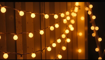 Glowing string lights create warm ambiance against wooden backdrop