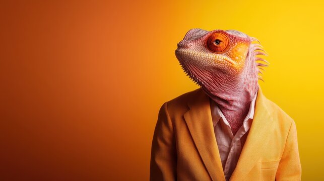 A whimsical image depicting a lizard-headed human in a yellow jacket, looking regal against a bright orange backdrop, representing adaptability and uniqueness.