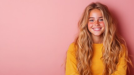 Fototapeta premium A young girl beams with happiness as she stands in front of a lively peach background, wearing a mustard top that highlights her vibrant and joyful nature.