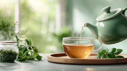 A green teapot pours steaming herbal tea into a glass cup set on a wooden tray, surrounded by fresh mint leaves and a green blurred background.