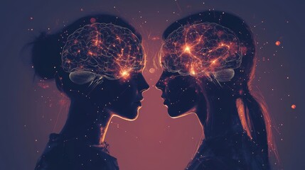 Obraz premium Artistic depiction of a couple with exposed brains, connected by luminous neural waves, symbolizing shared thoughts, deep understanding, and emotional intimacy