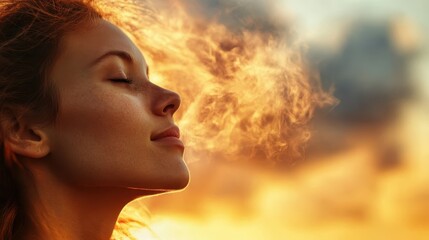 A serene woman basks in the glowing sunlight with eyes closed, symbolizing the tranquility, contentment, and the beauty of peaceful moments in daily life.