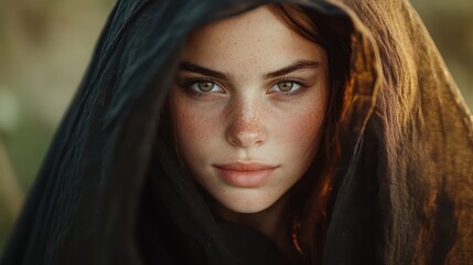 An ethereal woman with piercing eyes under a black hood exudes a striking yet calm aura, combining elements of mystery and serenity in a compelling portrait.