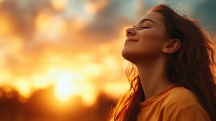 A woman with a content expression stands enveloped in the warm hues of a sunset, symbolizing tranquility and peace, as she embraces the serene beauty of dusk.