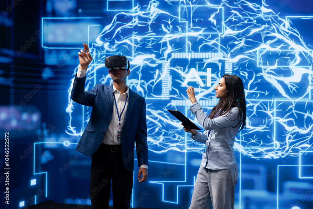 Poster it team member wearing vr headset looking at hologram of artificial intelligence human brain simulat