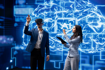 IT team member wearing VR headset looking at hologram of artificial intelligence human brain...