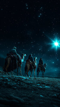 three wise men melchor, gaspar, and baltaza raveling on camels during the night of kings in the desert under the stars