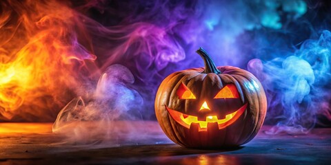 Naklejka premium Spooky Halloween scene featuring a glowing jack o lantern against a colorful and smoky background