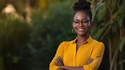 Fototapeta premium A confident woman with glasses and a natural updo poses thoughtfully outdoors, her warm smile and vibrant yellow attire reflecting positive energy and charm.