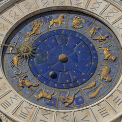 Close up Blue Dial With Gold Symbols of Zodiac Famous Clock Tower Historic Landmark in Venice Italy
