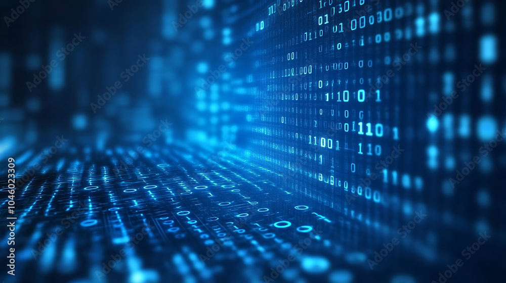 Poster blue digital binary data on computer screen background
