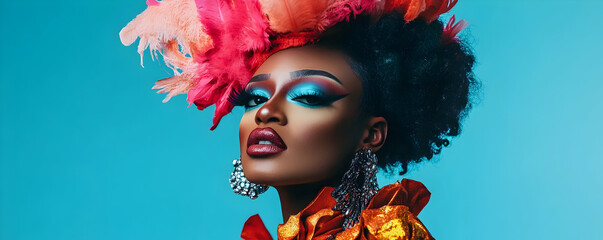 Naklejka premium Confident drag performer posing in a bold outfit, celebrating creativity,