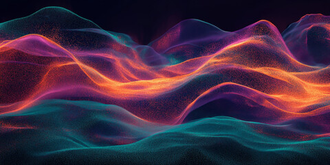 Obraz premium Grainy background with a vibrant teal, orange, and deep purple glowing color wave against a black backdrop, incorporating noise texture for an attractive banner design