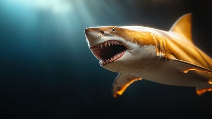 A stunning image of a powerful great white shark swimming gracefully in the deep blue sea, showcasing its imposing presence and the beauty of ocean life.