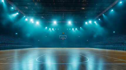 Empty basketball arena stadium sports ground with flashlights and fan sits