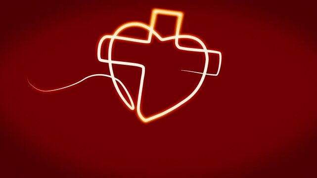Animation, heart and cross icon on red background for faith, praise or lines for love with symbol for religion. Pattern, graphic and Christian art with crucifix, worship or holy for belief in gospel