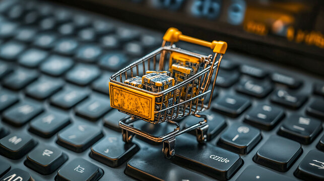Shopping cart full of boxes standing on laptop keyboard
