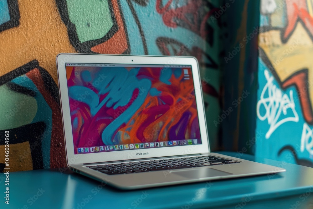 Aufkleber a sleek laptop placed on a blue surface near a colorful graffiti backdrop showcases a blend of art a