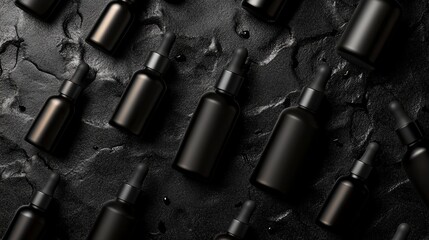 Assortment of dark glass bottles on a textured black surface, ideal for product packaging or branding concepts.