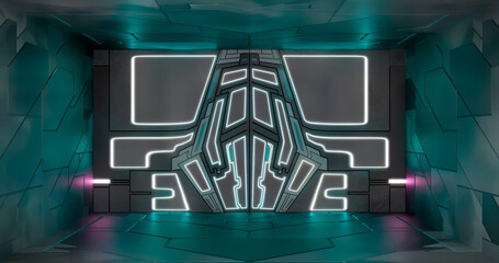 3D rendering. sci-fi neon illuminated door. Graphic illustration of the future interior.