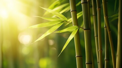 Close-up of bamboo stalks and vibrant green leaves illuminated by soft sunlight, creating a tranquil and refreshing atmosphere.