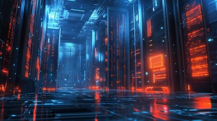 Data center with glowing servers, intricate wiring, and a high-tech atmosphere