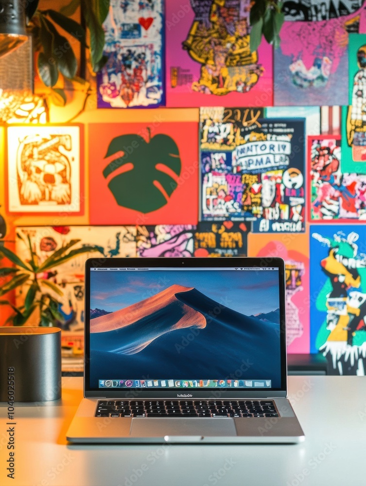 Fototapete a laptop rests on a desk surrounded by lush plants and colorful artwork, creating a vibrant and insp