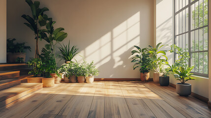 Fototapeta premium Empty room of modern contemporary loft with plants on wooden floor 