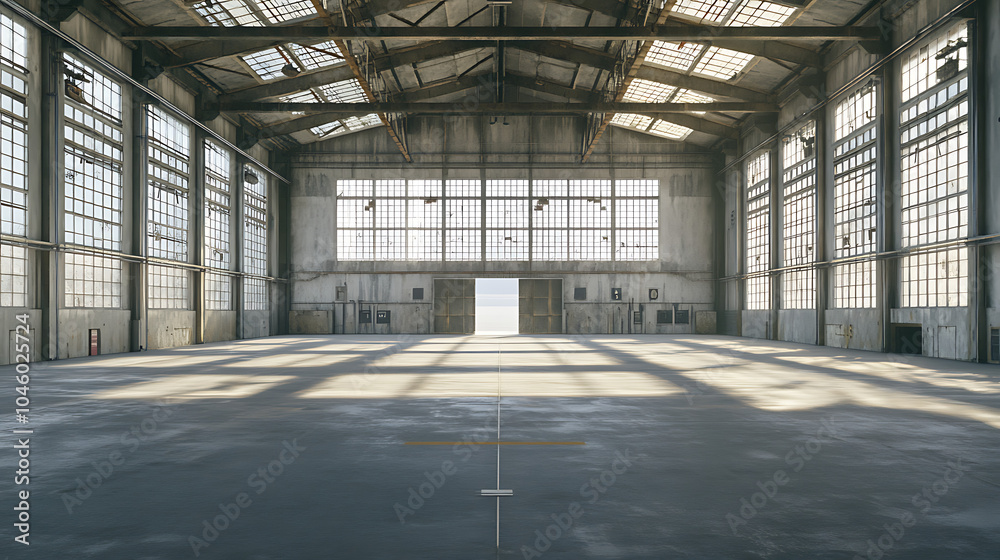Poster 3d rendering of an empty warehouse with a lot of windows 3d rendering of large hangar building and c