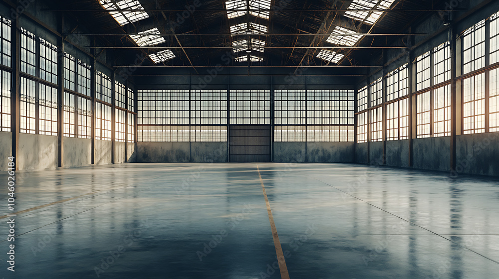 Fototapete 3d rendering of an empty warehouse with a lot of windows 3d rendering of large hangar building and c