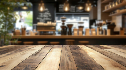 Blurred coffee shop and restaurant interior background with empty wooden table Use for products display or montage 