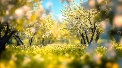 Obraz premium Beautiful blurred spring background nature with blooming glade trees and blue sky on a sunny day 